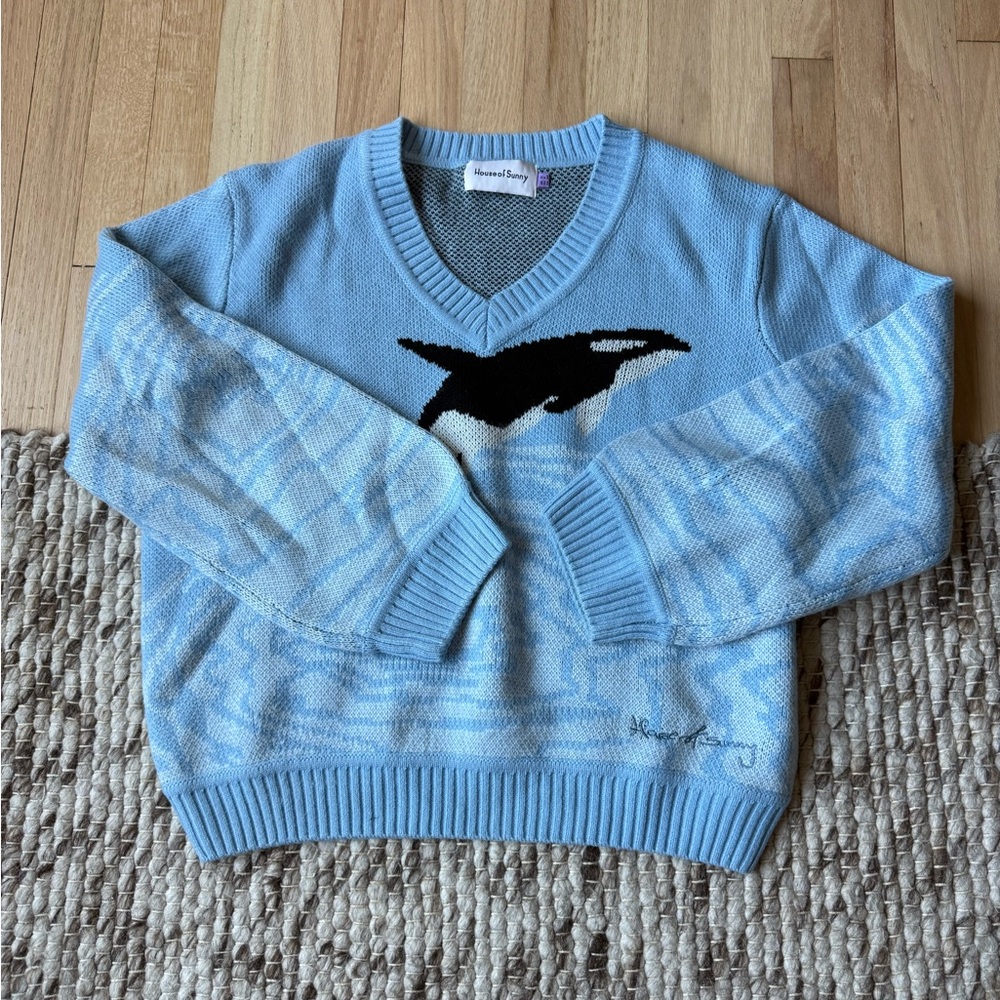 House Of Sunny V-Neck Sweater with Orca Design